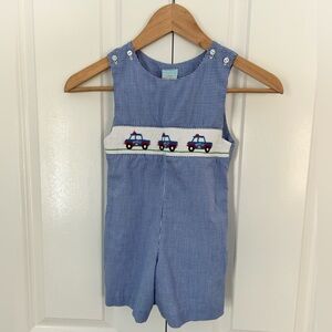 Southern Sunshine size 3 blue gingham shortall smocked embroidered police cars
